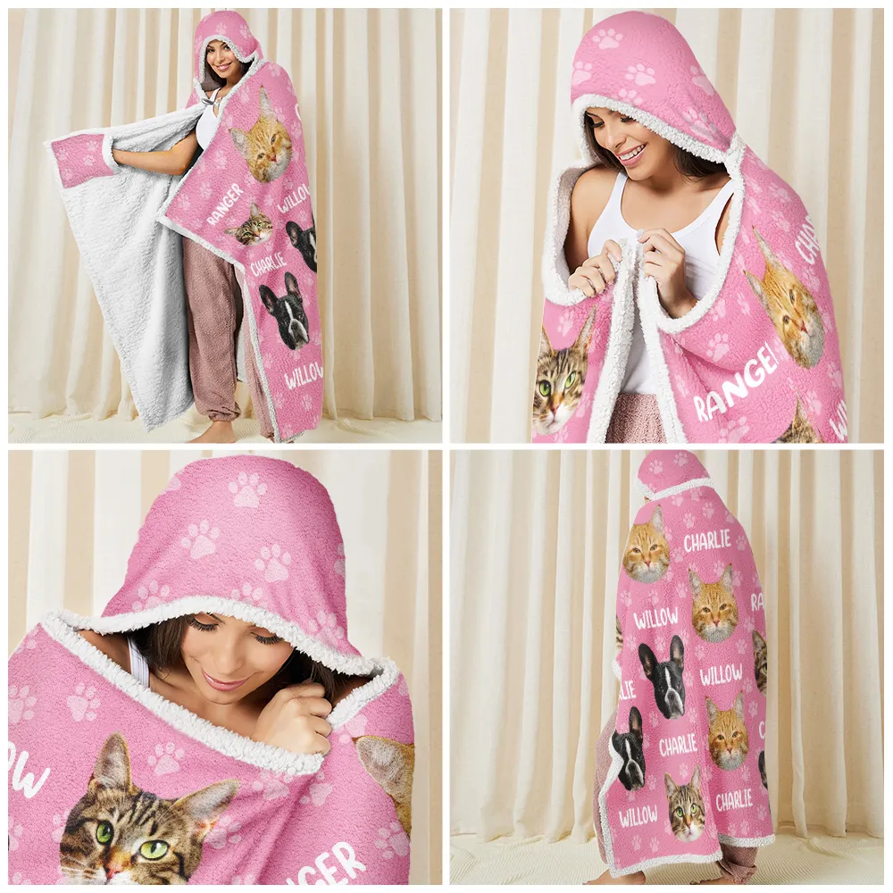 Custom Photo Funny Pet Face Pattern Dog Cat Family - Personalized Wearable Hooded Blanket - Image 7