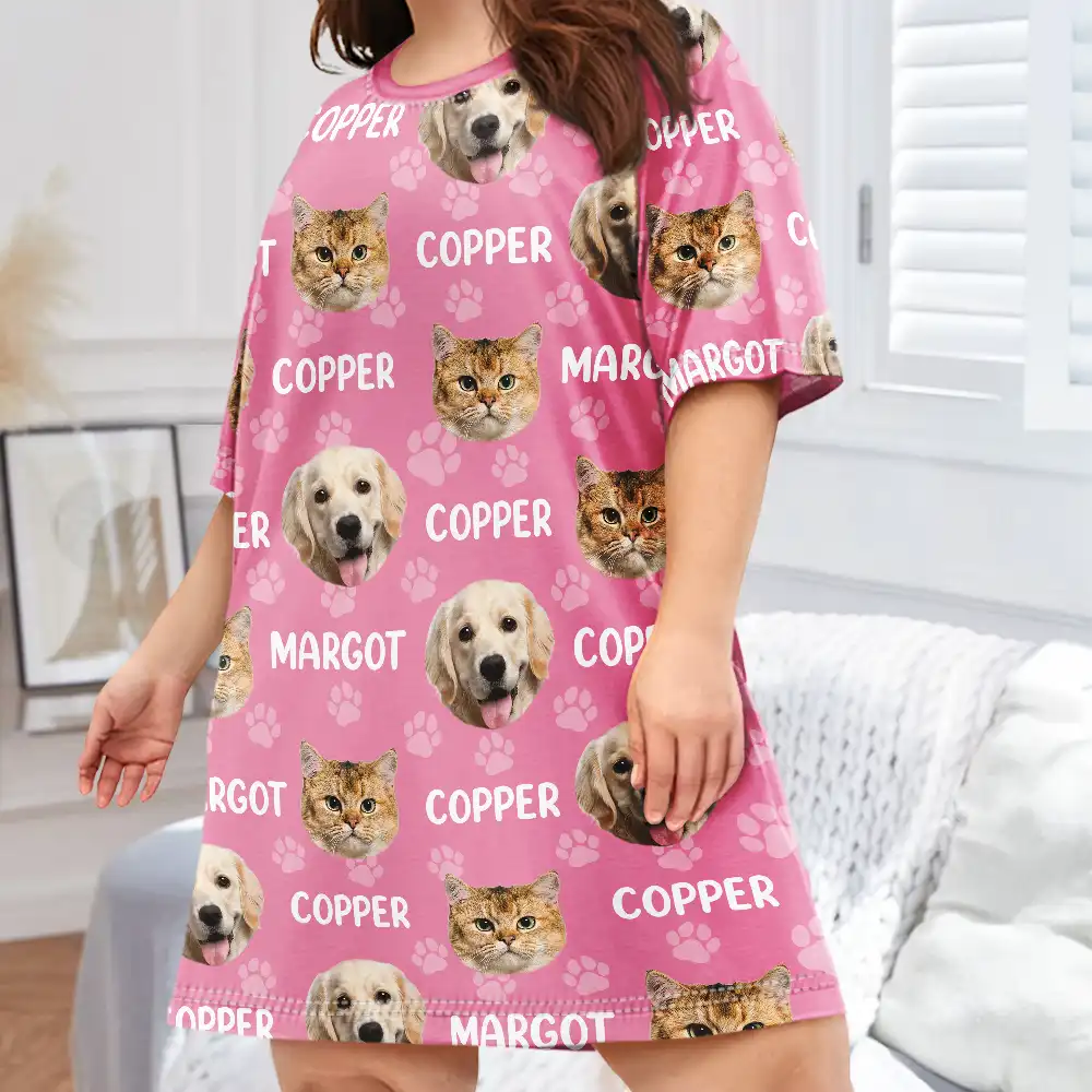 Custom Photo Funny Pet Face Pattern Dog Cat Family - Personalized Women's Sleep Tee - Image 4