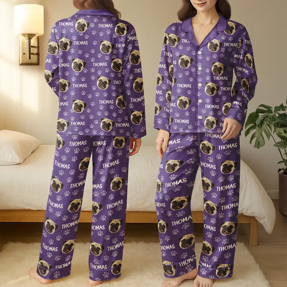 Custom Photo Funny Pet Face Pattern Dog Cat - Personalized Satin Pajama Set - Image 4