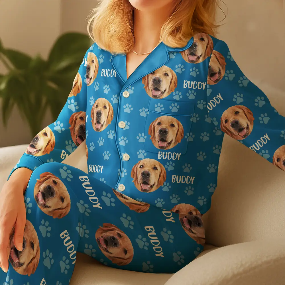 Custom Photo Funny Pet Face Pattern Dog Cat - Personalized Satin Pajama Set - Image 5