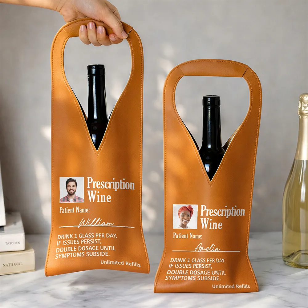 Custom Photo Funny Prescription Drink One Measure Daily - Personalized Leather Wine Bag - Image 3