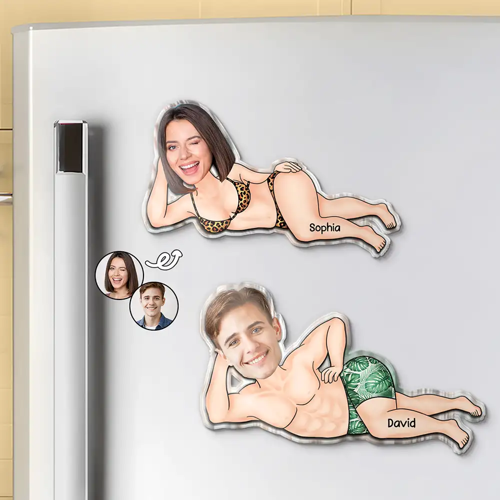 Custom Photo Funny Woman Man Lying Down - Personalized Acrylic Fridge Magnet