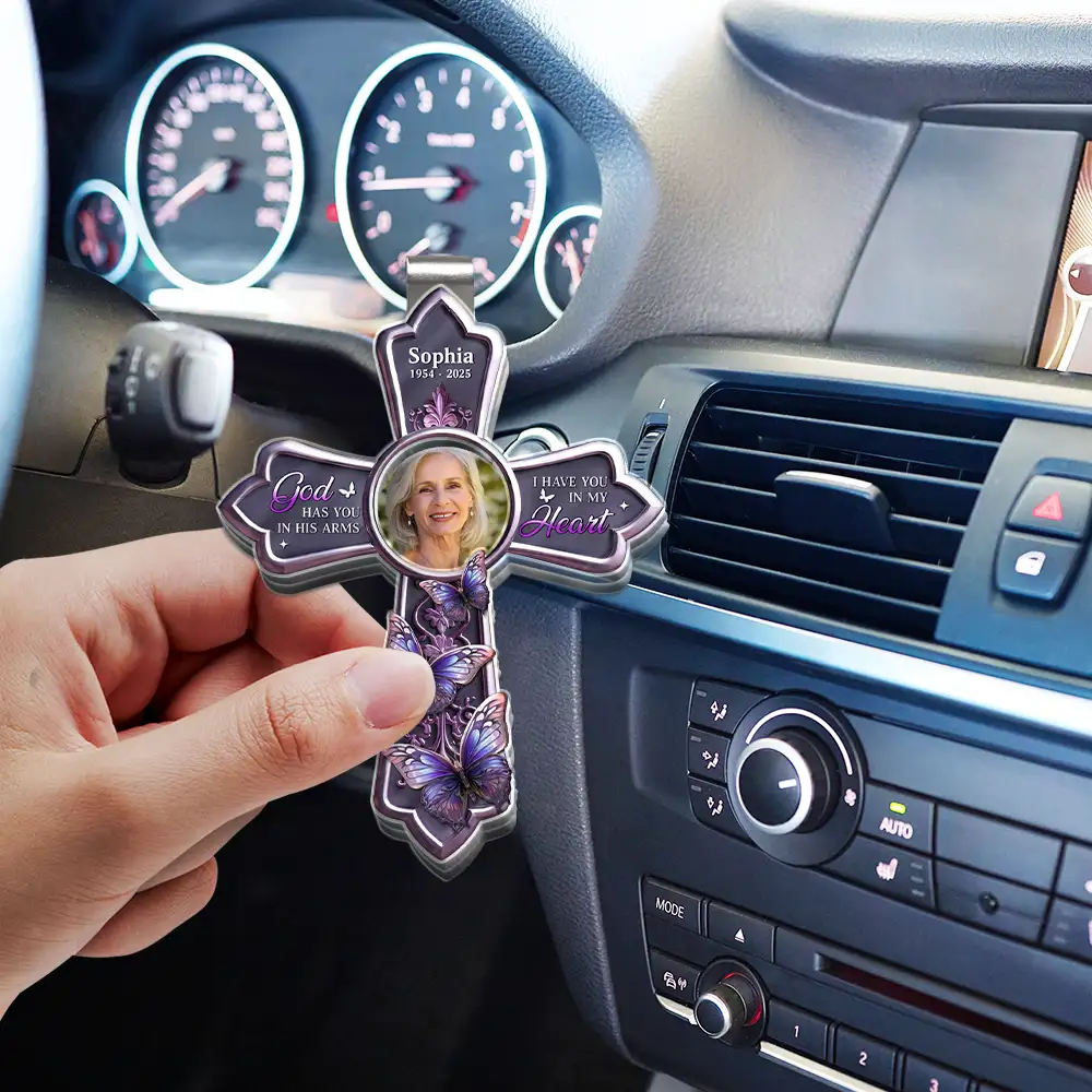 Custom Photo God Has You In His Arms Cross Memorial Gifts - Personalized Custom Shaped Acrylic Car Visor Clip - Image 3