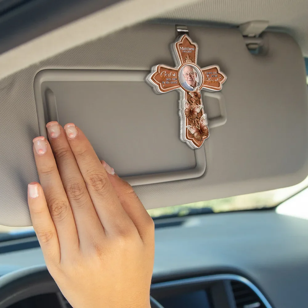 Custom Photo God Has You In His Arms Cross Memorial Gifts - Personalized Custom Shaped Acrylic Car Visor Clip - Image 4