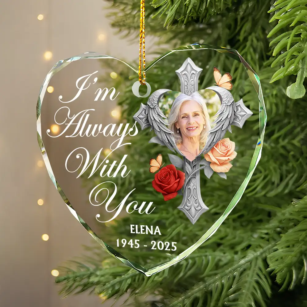 Custom Photo God Has You In His Arms Memorial - Personalized Heart Shaped Glass Ornament - Image 2