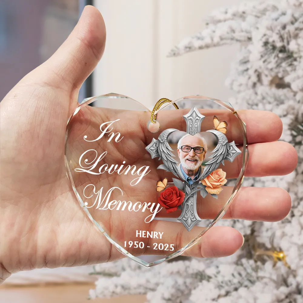 Custom Photo God Has You In His Arms Memorial - Personalized Heart Shaped Glass Ornament - Image 3