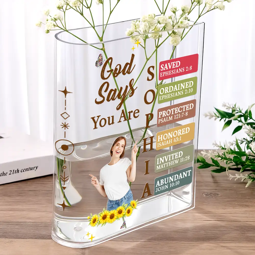 Custom Photo God Says I Am Bible Verse - Personalized Acrylic Book Vase - Image 3