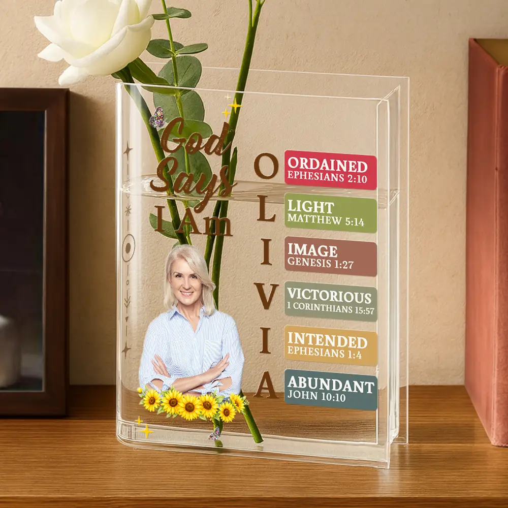 Custom Photo God Says I Am Bible Verse - Personalized Acrylic Book Vase - Image 7