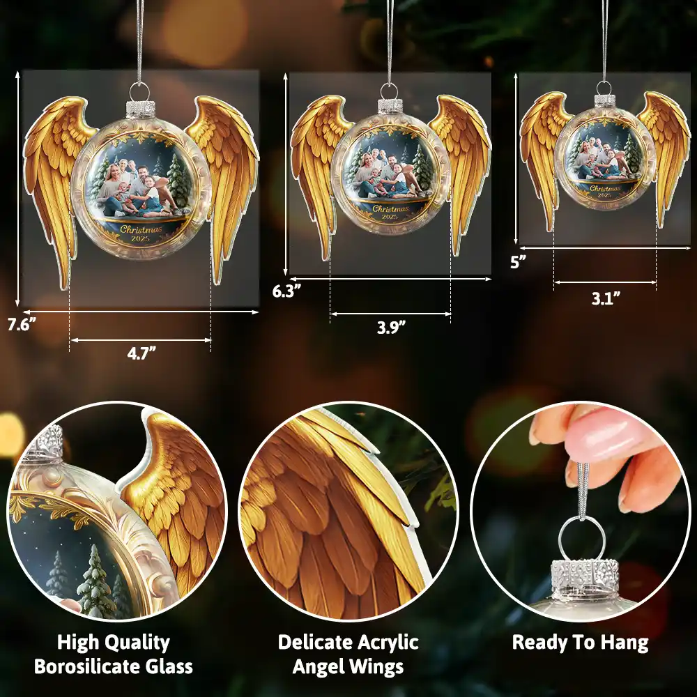 Custom Photo Golden Wings Memorial Always Missed Forever Loved - Personalized Custom Shaped Glass Ornament - Image 3