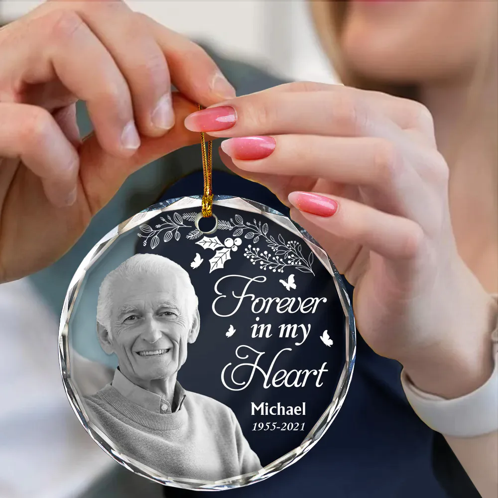 Custom Photo Grayscale Memorial Although You Cannot See Me - Personalized Circle Glass Ornament - Image 5