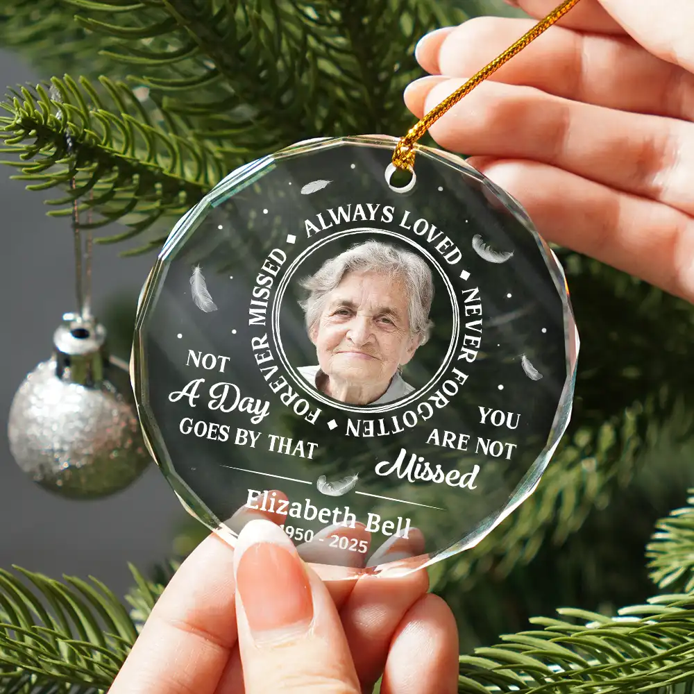 Custom Photo Grayscale Memorial Always Loved Never Forgotten - Personalized Circle Glass Ornament - Image 2