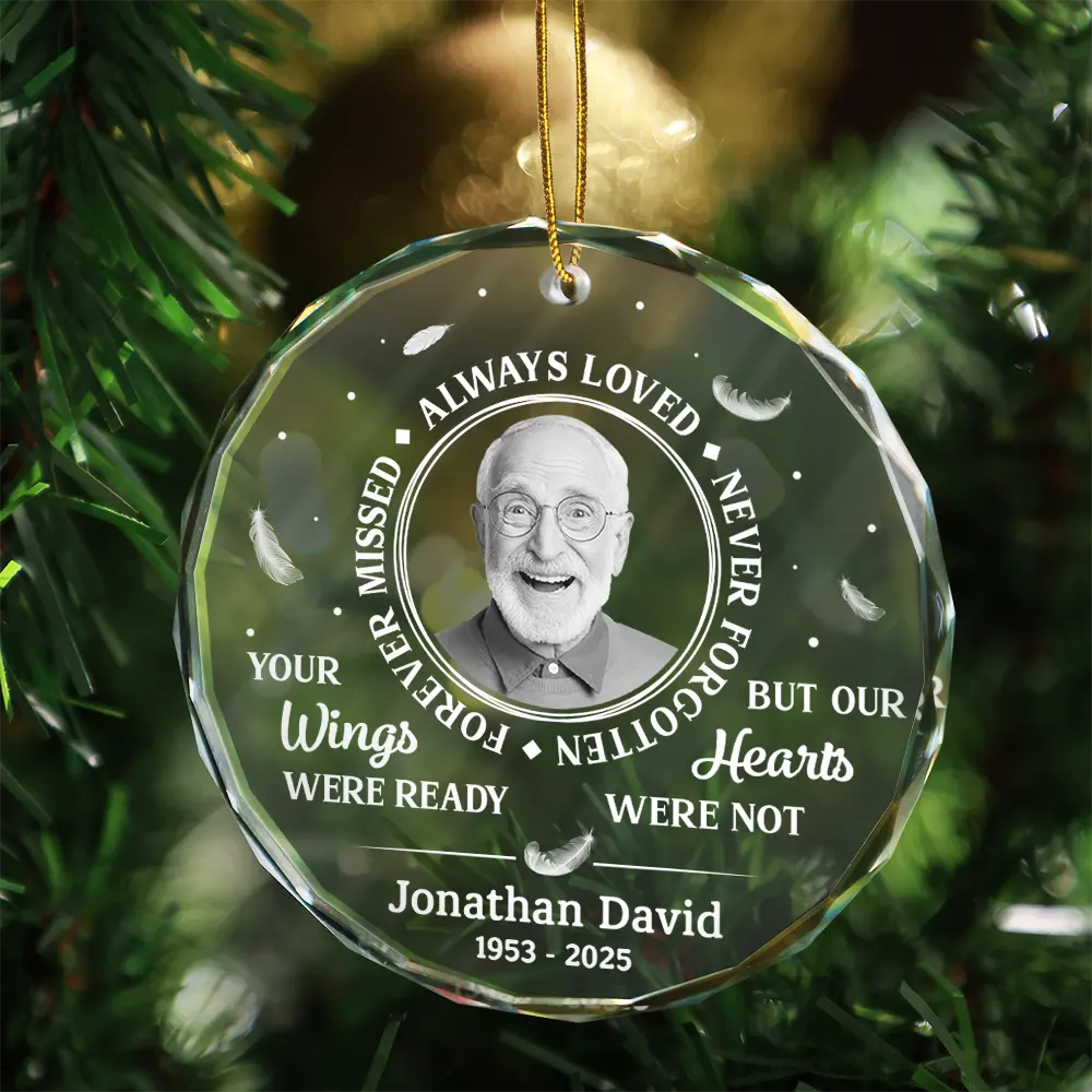 Custom Photo Grayscale Memorial Always Loved Never Forgotten - Personalized Circle Glass Ornament - Image 3
