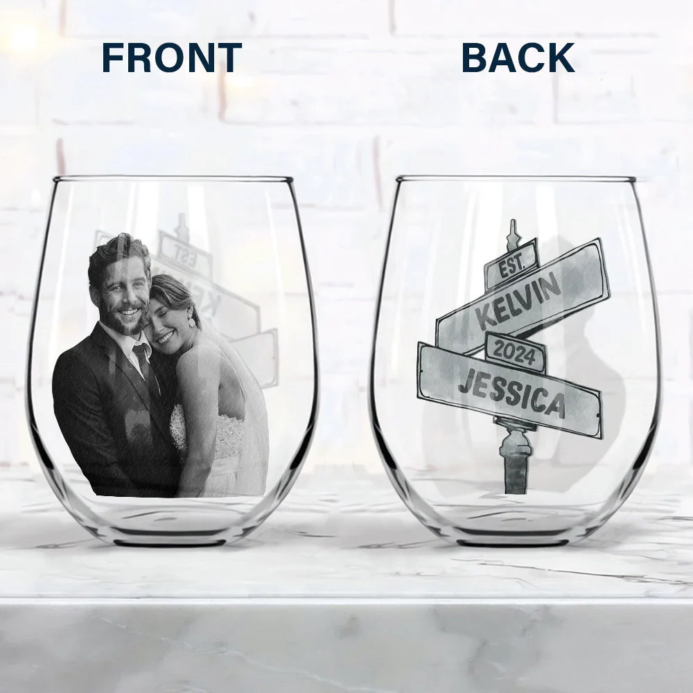 Custom Photo Greyscale Couples - Personalized Stemless Wine Glass - Image 5