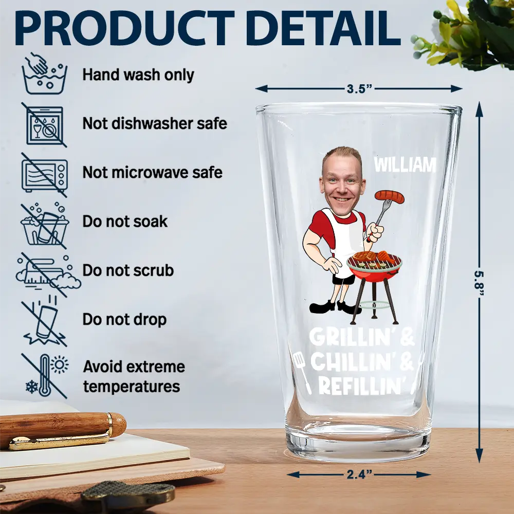 Custom Photo Grillin' Chillin' Refillin' - Personalized Beer Glass - Image 6