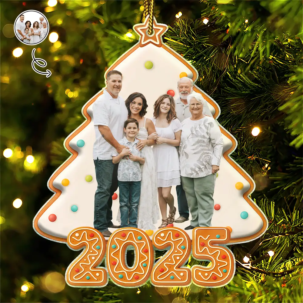Custom Photo Happy Family Christmas Tree Gingerbread - Personalized Custom Shaped Acrylic Ornament - Image 2