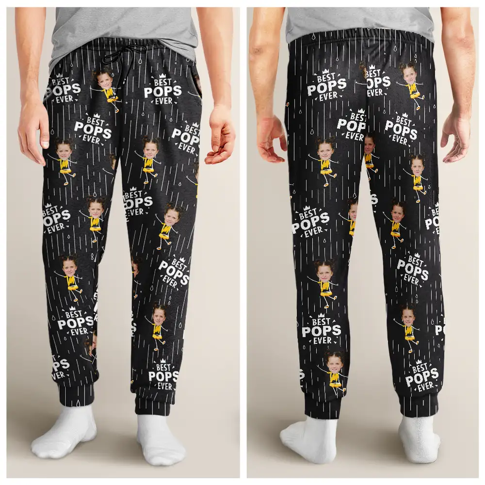 Custom Photo Happy Grandkids Best Papa Grandpa Ever Rain Pattern - Personalized Pajama Pants - Image 5