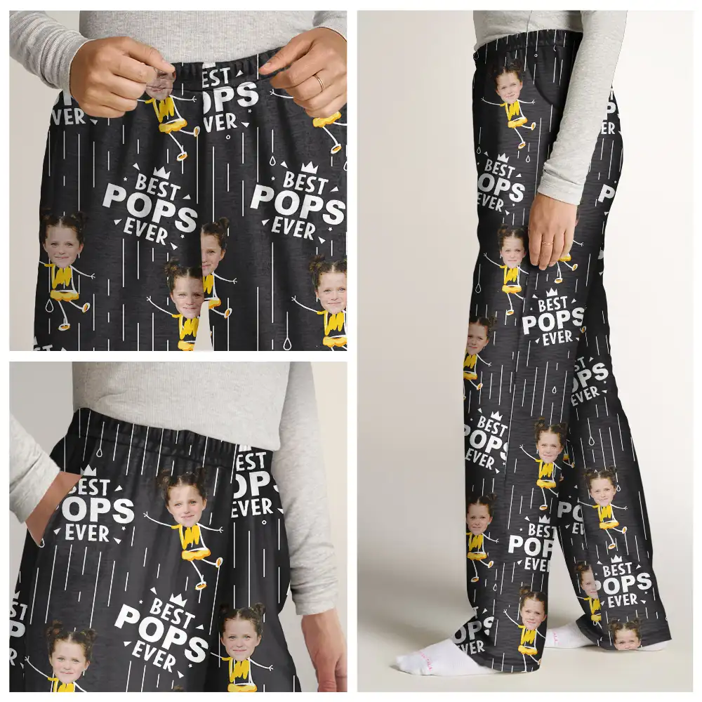 Custom Photo Happy Grandkids Best Papa Grandpa Ever Rain Pattern - Personalized Pajama Pants - Image 8