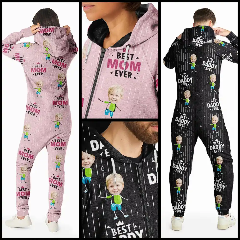 Custom Photo Happy Kids Best Dad Mom Ever Rain Pattern - Personalized Overall Onesie Hooded Jumpsuit - Image 4