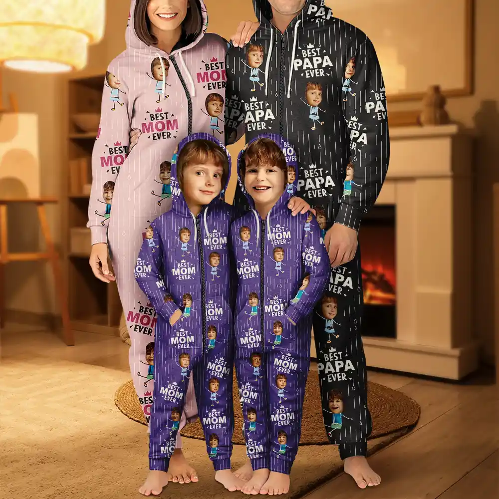 Custom Photo Happy Kids Best Dad Mom Ever Rain Pattern - Personalized Overall Onesie Hooded Jumpsuit - Image 6