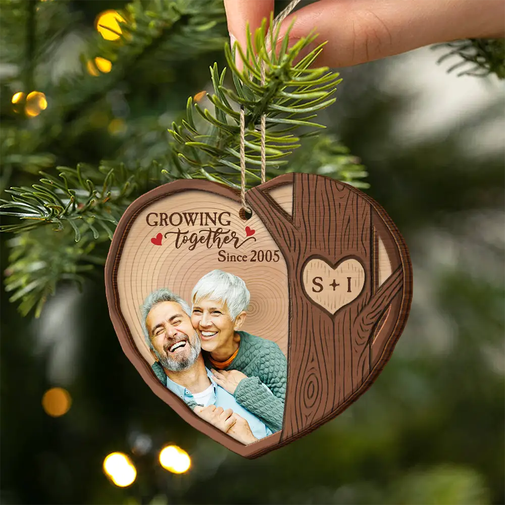 Custom Photo Heart Shaped Wood Slice Growing Together - Personalized 2-Layered Wooden Ornament - Image 3