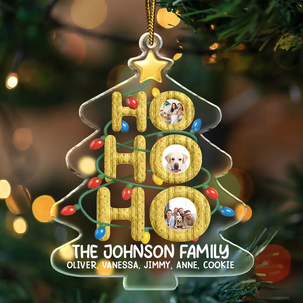 Custom Photo Ho Ho Ho Family Christmas Tree - Personalized Custom Shaped Acrylic Ornament - Image 3