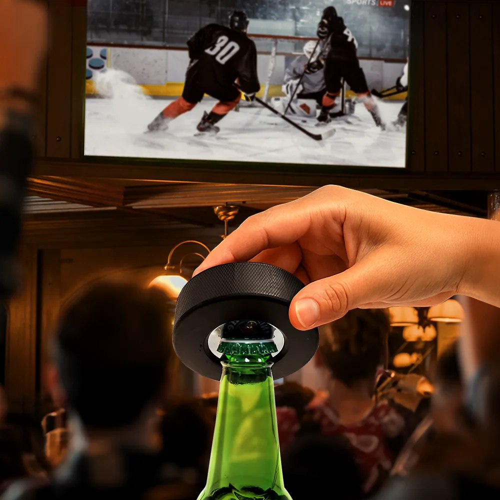 Custom Photo Hockey Gift - Personalized Hockey Puck Bottle Opener - Image 2