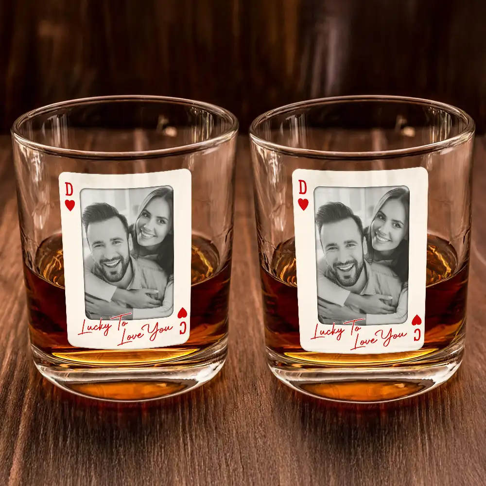 Custom Photo How Lucky Are We Playing Card - Personalized Whiskey Glass - Image 2