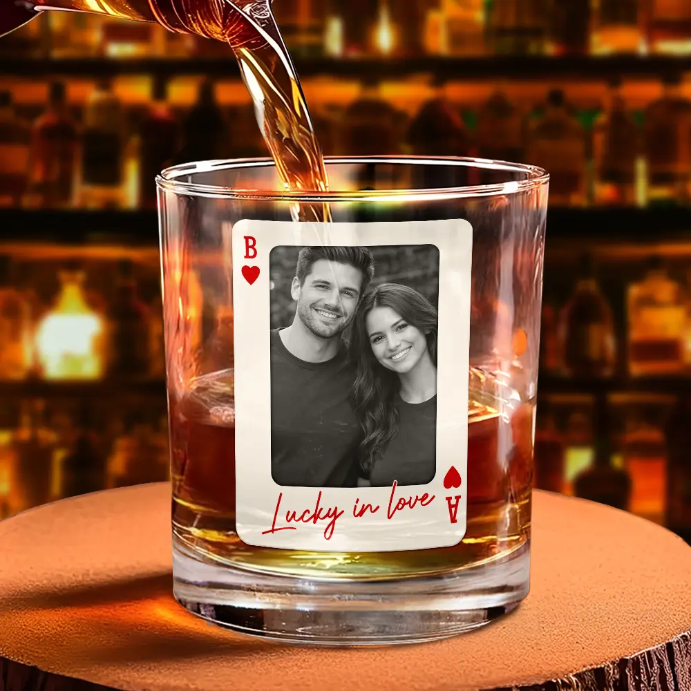 Custom Photo How Lucky Are We Playing Card - Personalized Whiskey Glass - Image 4