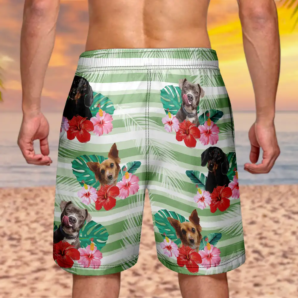 Custom Photo Human And Pet Face Tropical Striped - Personalized Unisex Beach Shorts - Image 5