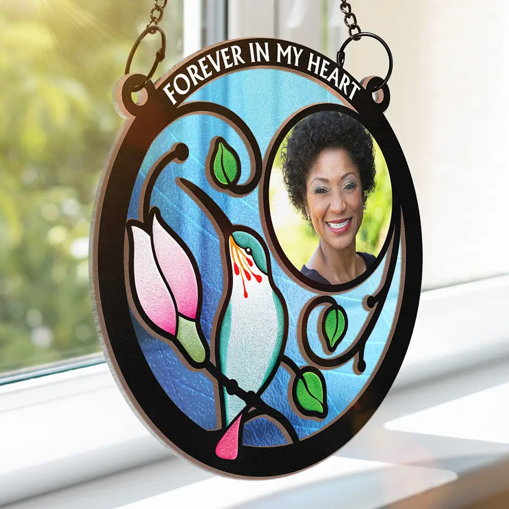 Custom Photo Hummingbird And Flower Memorial Parent -  Personalized Window Hanging Suncatcher Ornament - Image 3