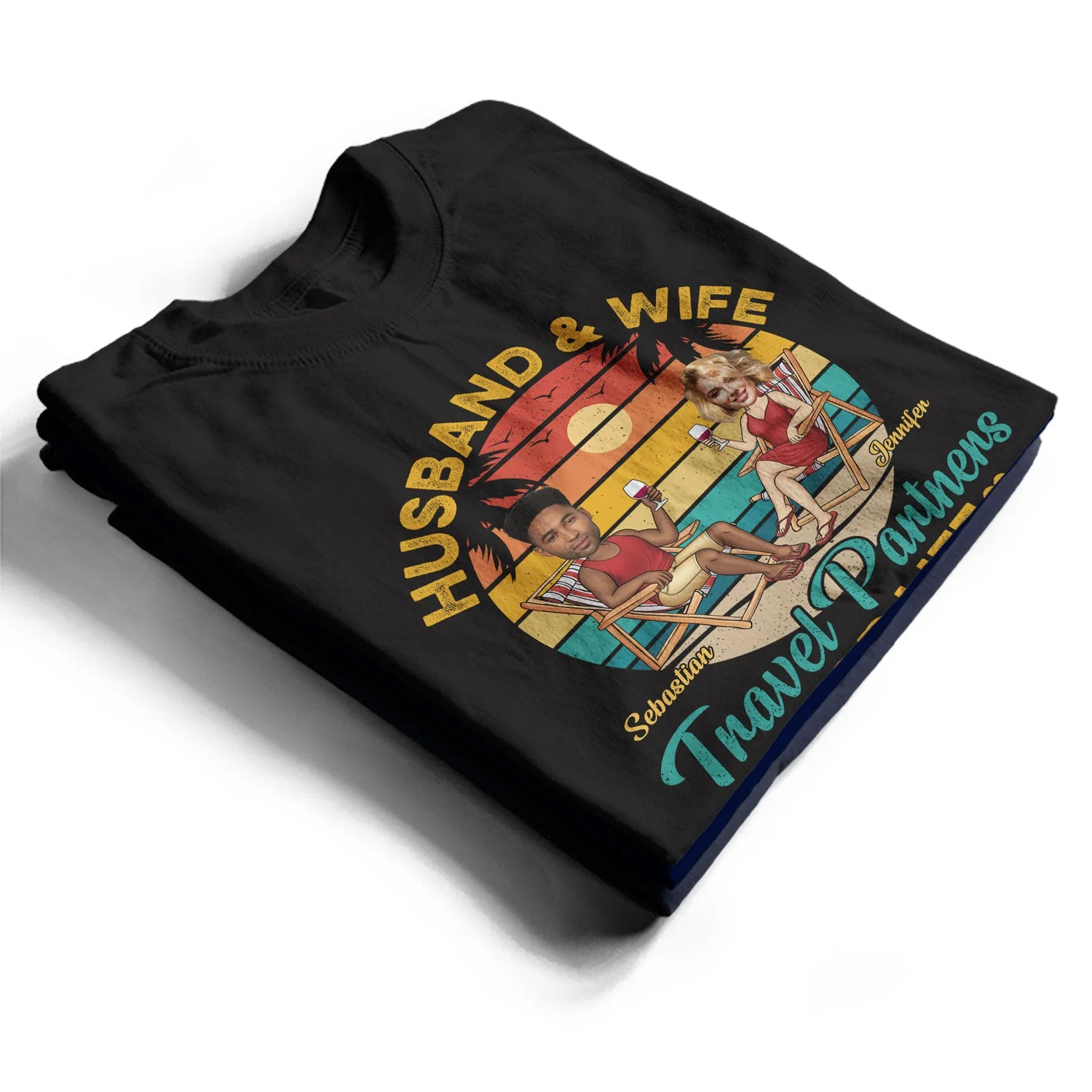 Custom Photo Husband And Wife Travel Partners For Life Beach Traveling Couple - Personalized Custom T Shirt - Image 2