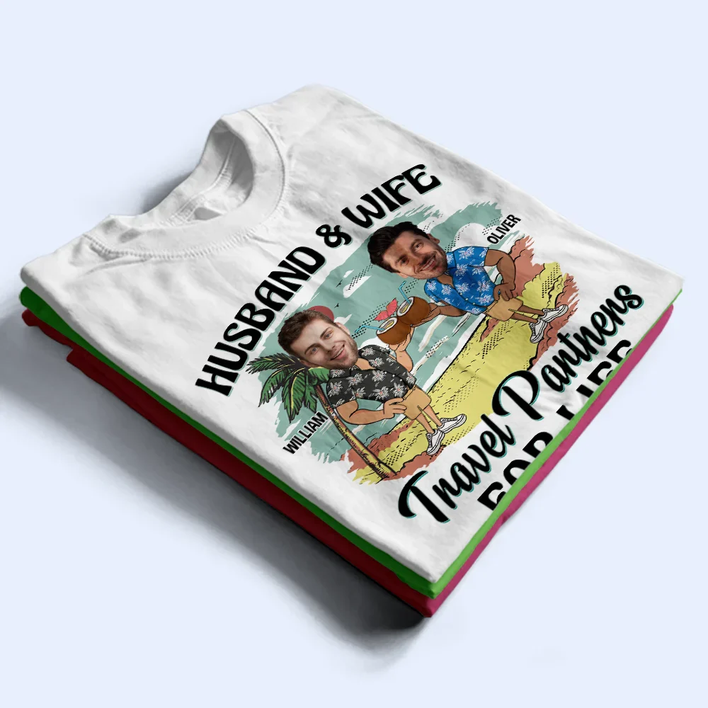 Custom Photo Husband And Wife Travel Partners For Life - Personalized T Shirt - Image 3