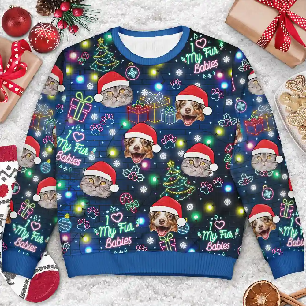 Custom Photo I Love My Dog Cat Pet Neon Christmas Light Style - Personalized Unisex Ugly Sweater - Image 4