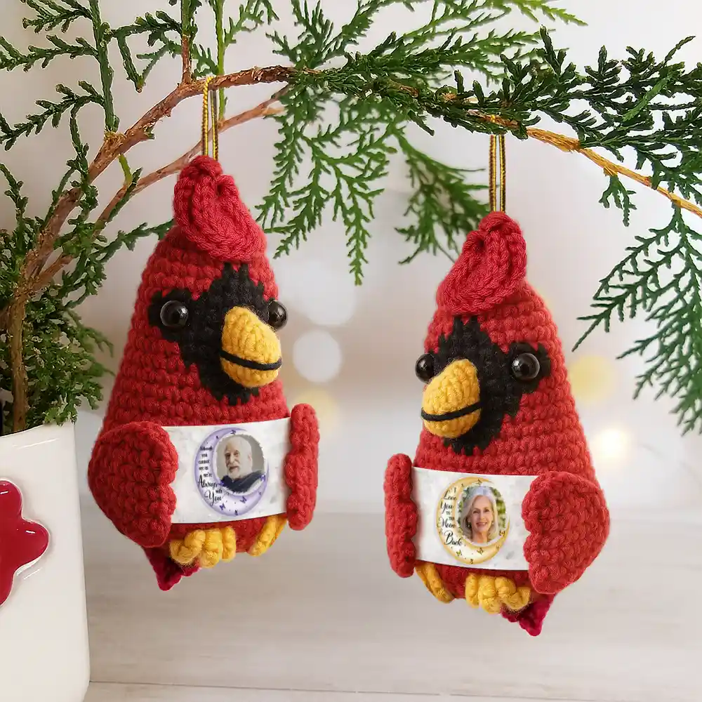 Custom Photo I Love You To The Moon And Back - Personalized Crochet Cardinal Bird Hanging Decoration - Image 4
