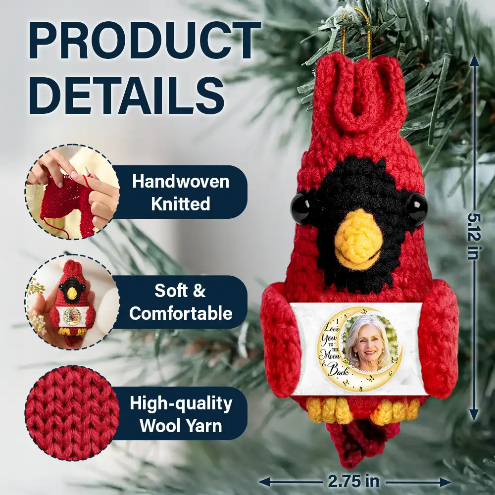 Custom Photo I Love You To The Moon And Back - Personalized Crochet Cardinal Bird Hanging Decoration - Image 5