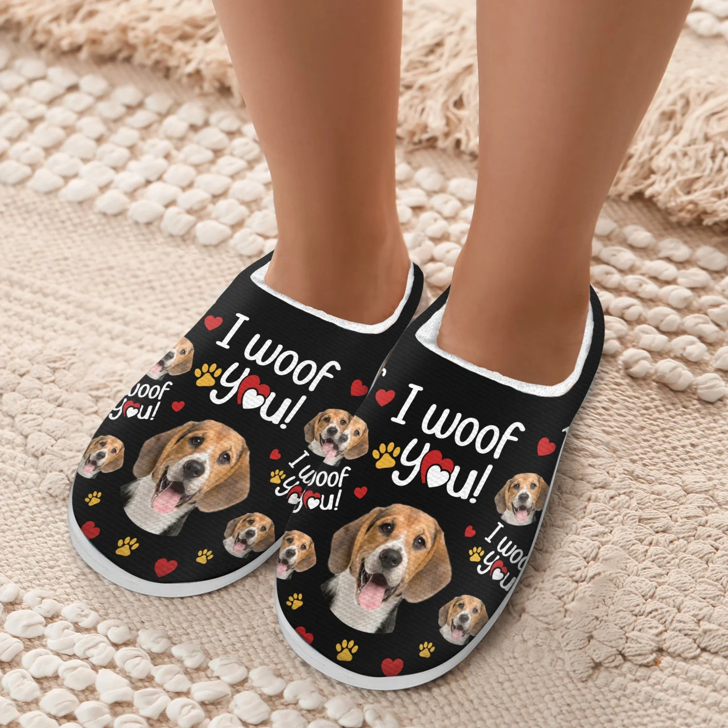 Custom Photo I Woof You - Gift For Dog Lovers - Personalized Fluffy Slippers - Image 6