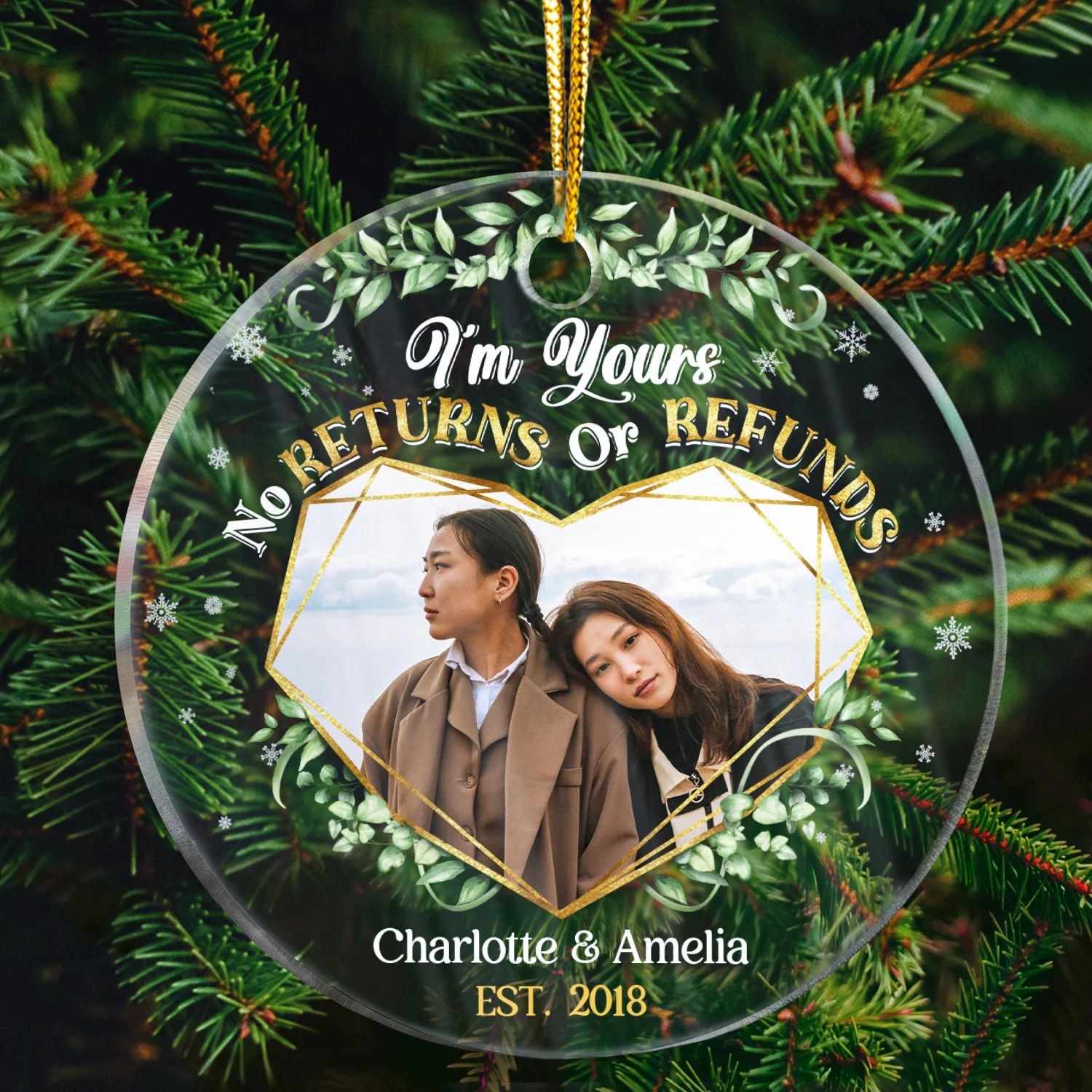 Custom Photo I'm Yours No Returns Or Refunds - Christmas Gift For Couple - Personalized Custom Circle Acrylic Ornament - Image 2