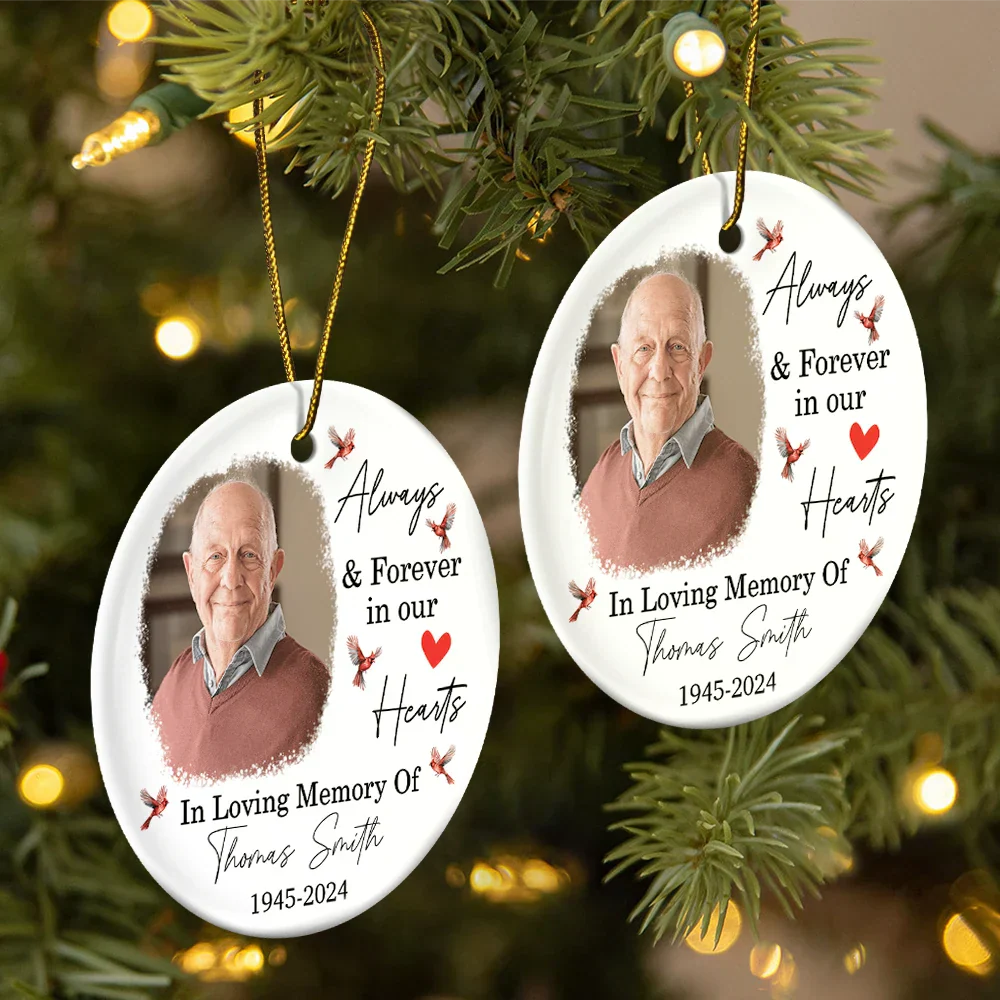 Custom Photo In Loving Memory Christmas Memorial - Personalized Circle Ceramic Ornament - Image 2