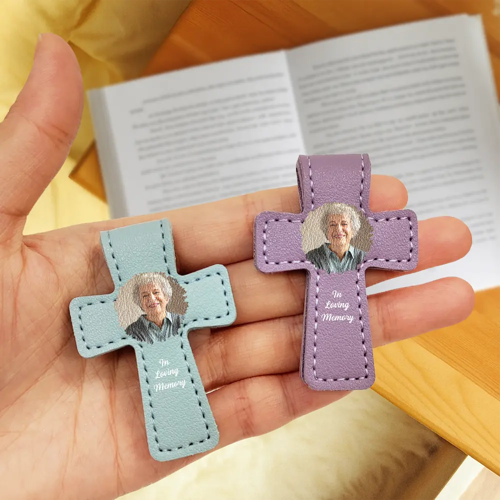 Custom Photo In Loving Memory Memorial - Personalized Cross Leather Magnetic Bookmark - Image 3