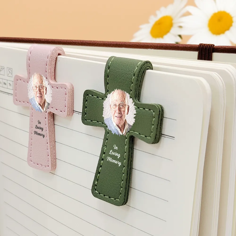 Custom Photo In Loving Memory Memorial - Personalized Cross Leather Magnetic Bookmark - Image 4
