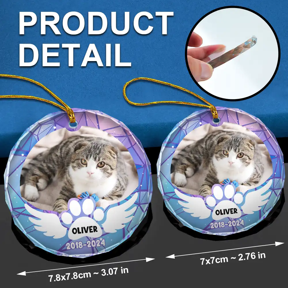 Custom Photo In Loving Memory Pet Wings - Personalized Circle Glass Ornament - Image 6