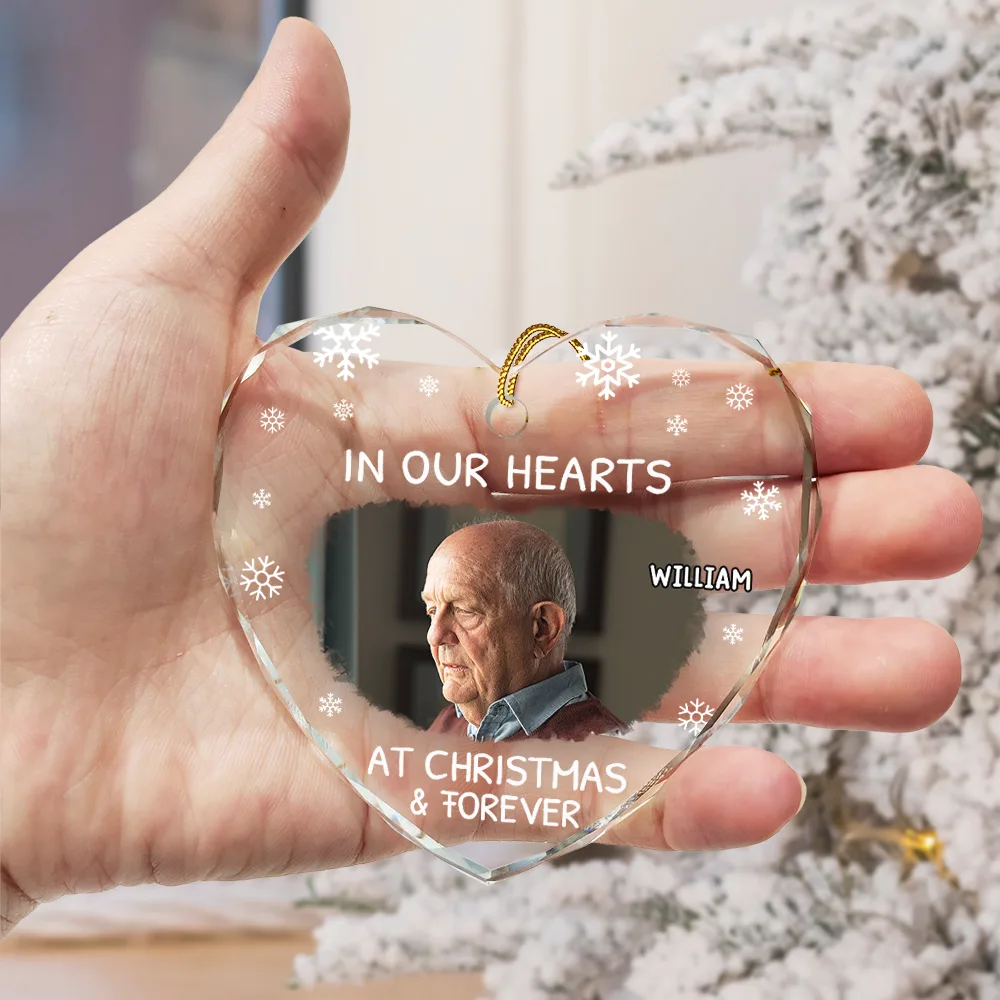 Custom Photo In Our Hearts At Christmas & Forever - Personalized Heart Shaped Glass Ornament - Image 3