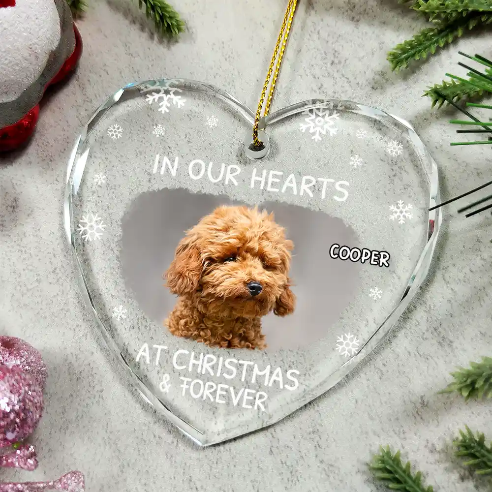 Custom Photo In Our Hearts At Christmas & Forever - Personalized Heart Shaped Glass Ornament - Image 4