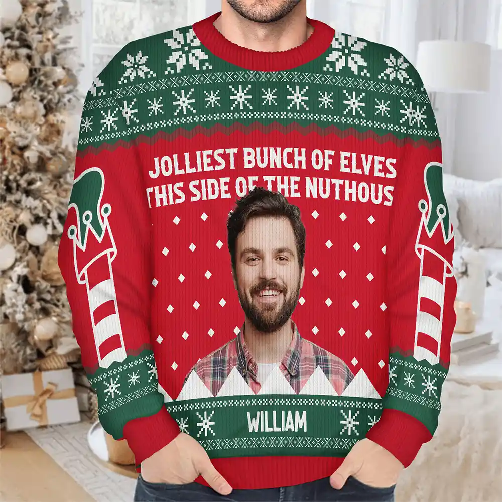 Custom Photo Jolliest Bunch Of Elves - Personalized Unisex Ugly Sweater - Image 5