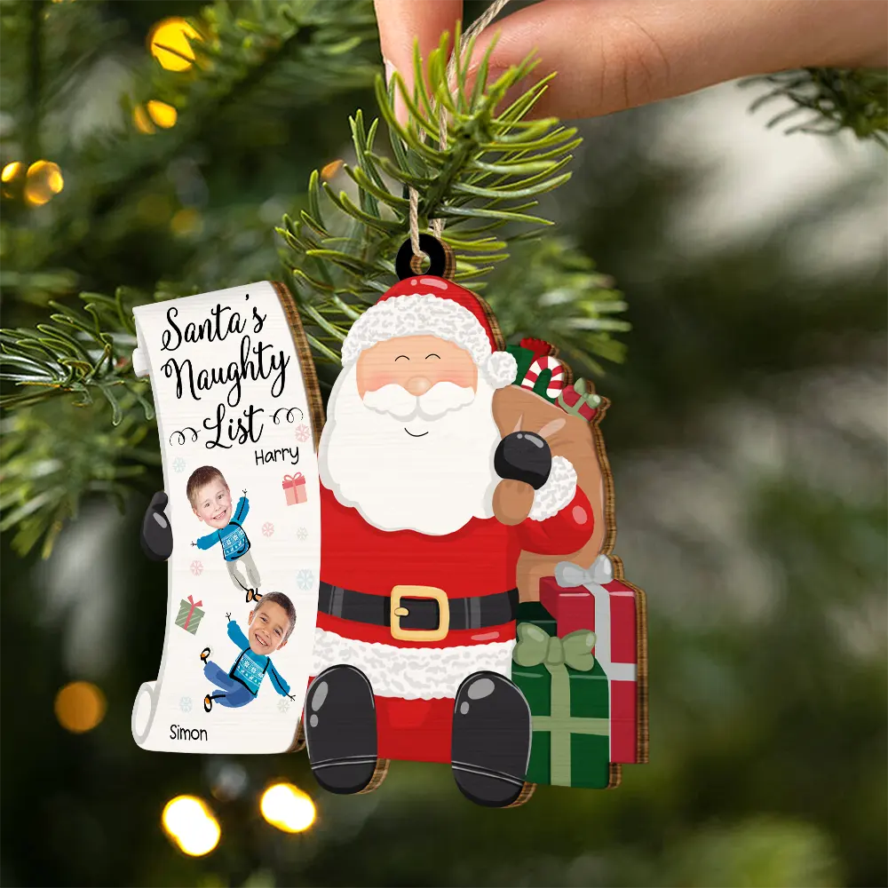 Custom Photo Kid Faces Santa's Nice List - Personalized Custom Shaped Wooden Ornament - Image 3