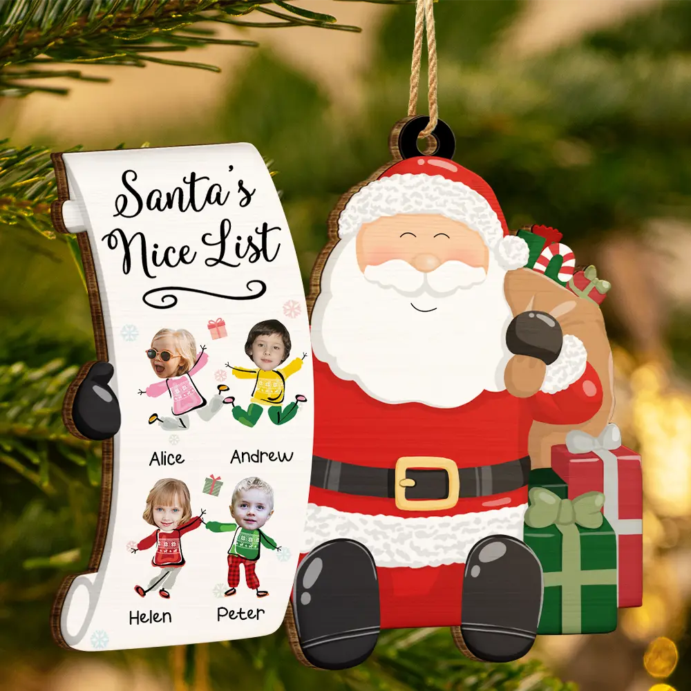 Custom Photo Kid Faces Santa's Nice List - Personalized Custom Shaped Wooden Ornament - Image 4