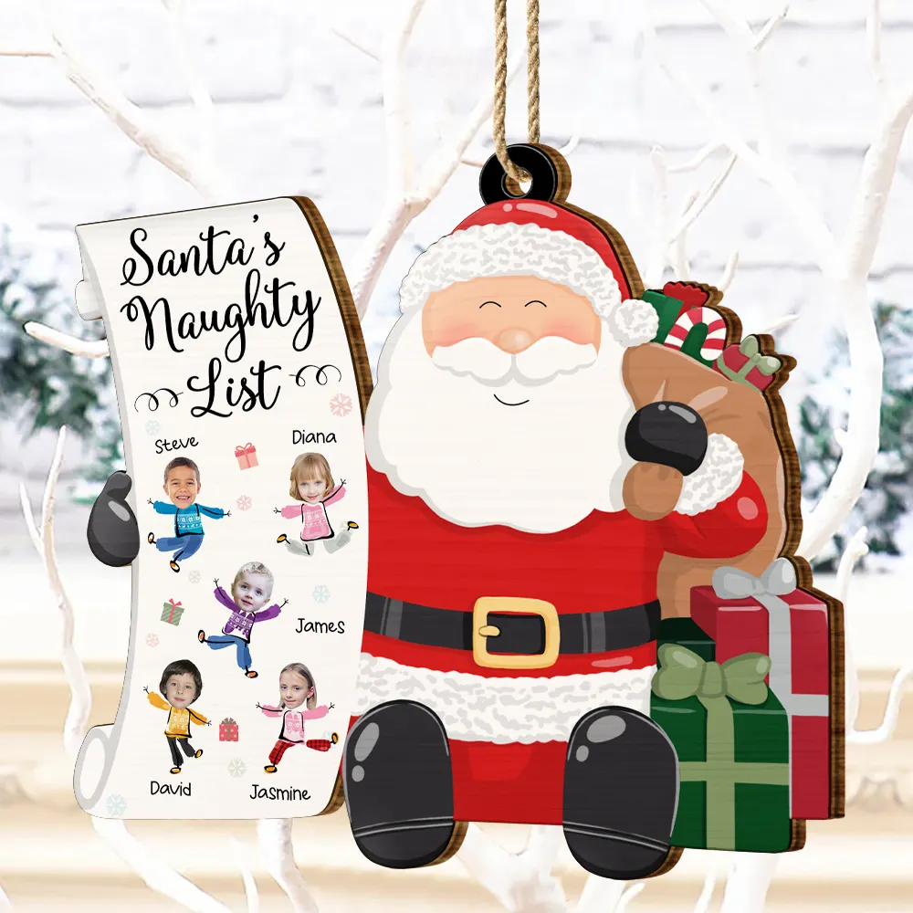 Custom Photo Kid Faces Santa's Nice List - Personalized Custom Shaped Wooden Ornament - Image 5