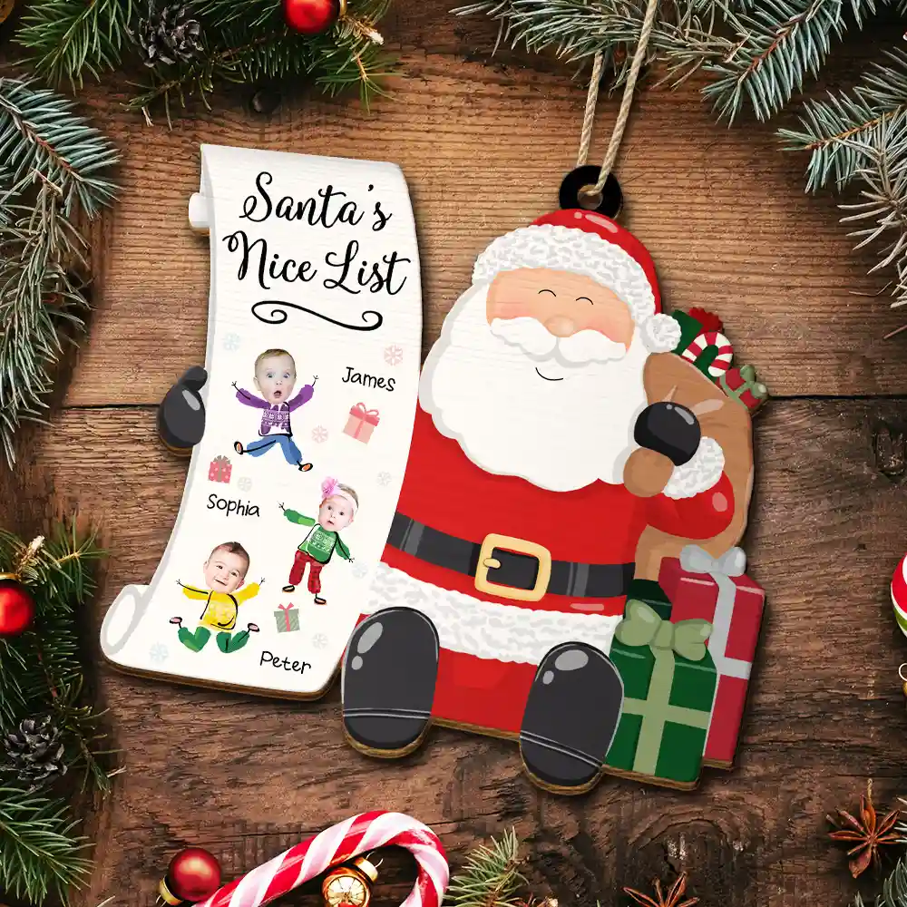 Custom Photo Kid Faces Santa's Nice List - Personalized Custom Shaped Wooden Ornament - Image 6
