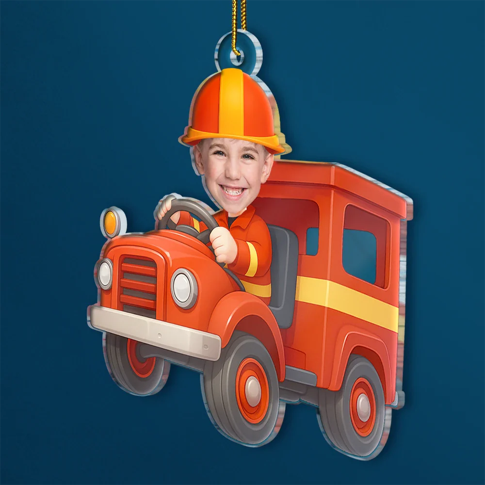 Custom Photo Kid Riding Fire Truck - Personalized Acrylic Photo Ornament - Image 3