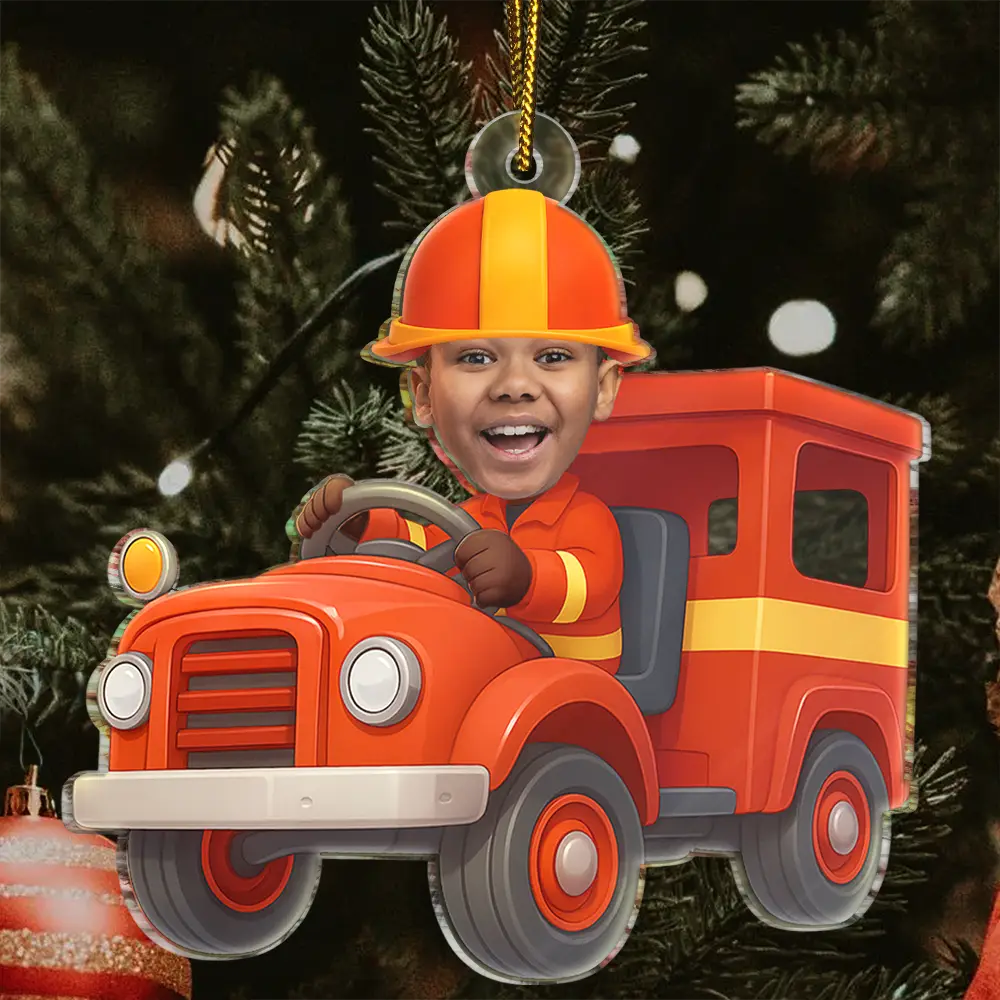 Custom Photo Kid Riding Fire Truck - Personalized Acrylic Photo Ornament - Image 4